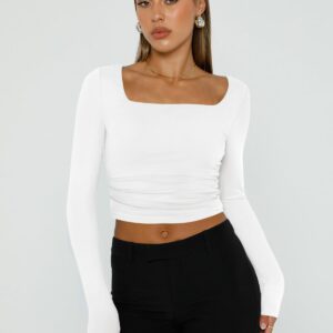 Trendy Queen Womens Long Sleeve Shirts 2024 Basic Crop Tops Fashion Slims Fitted Y2k Workout Clothes Square Neck Going Out Spring Outfits White - Image 6